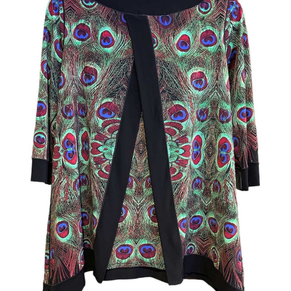 Eva Varro Green Peacock Print Tunic Top Shirt Sz S Small V Open Back Abstract - Picture 8 of 8